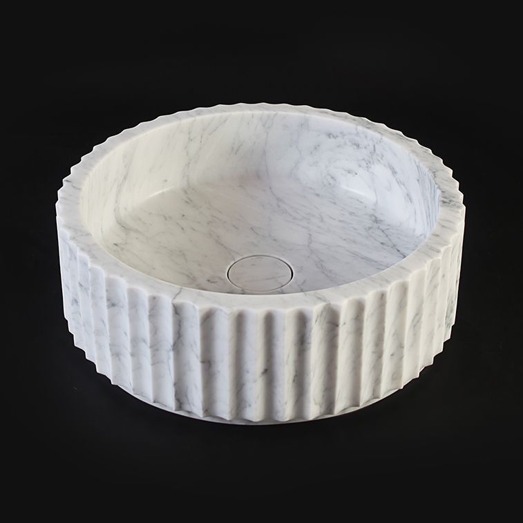 Fluted Carrara Marble Honed (All Surface) Cylindrical Stone Basin 1409