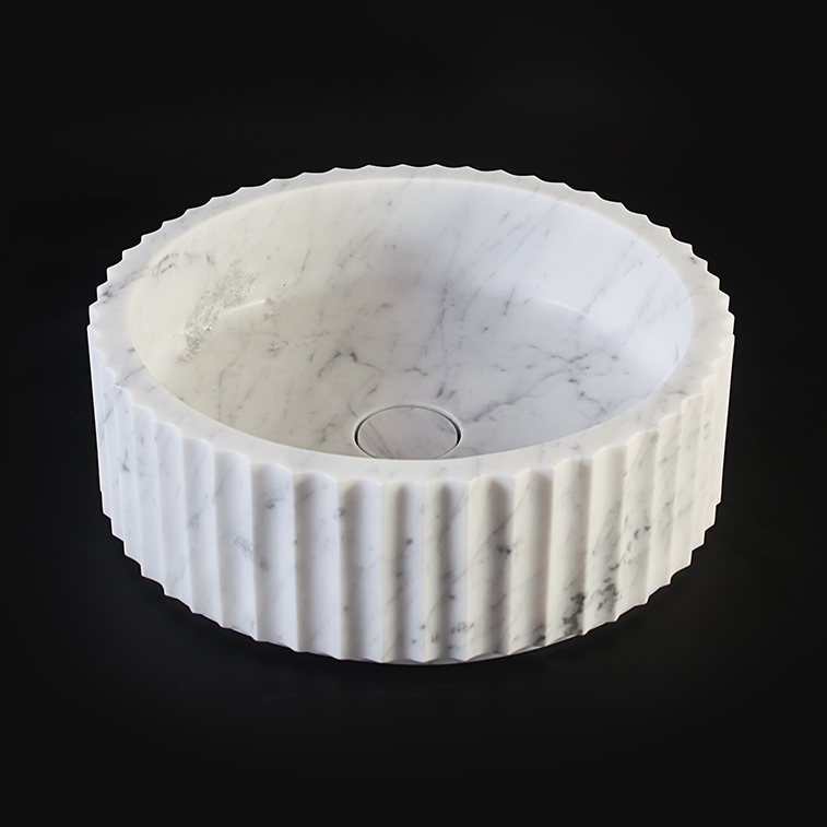 Fluted Carrara Marble Honed (All Surface) Cylindrical Stone Basin 1411