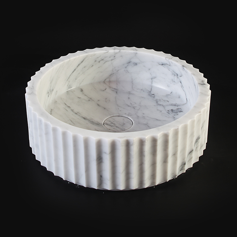 Fluted Carrara Marble Honed (All Surface) Cylindrical Stone Basin 1412