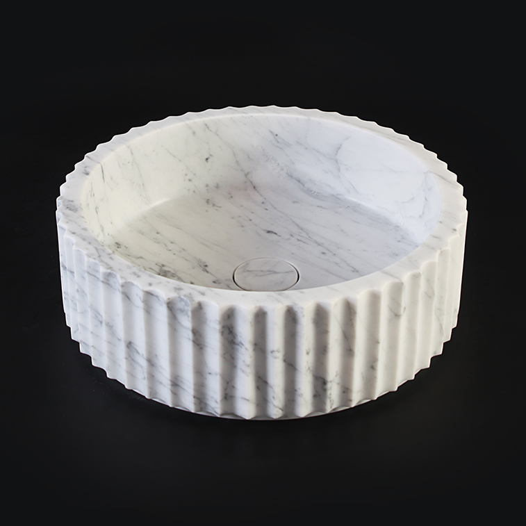 Fluted Carrara Marble Honed (All Surface) Cylindrical Stone Basin 1408