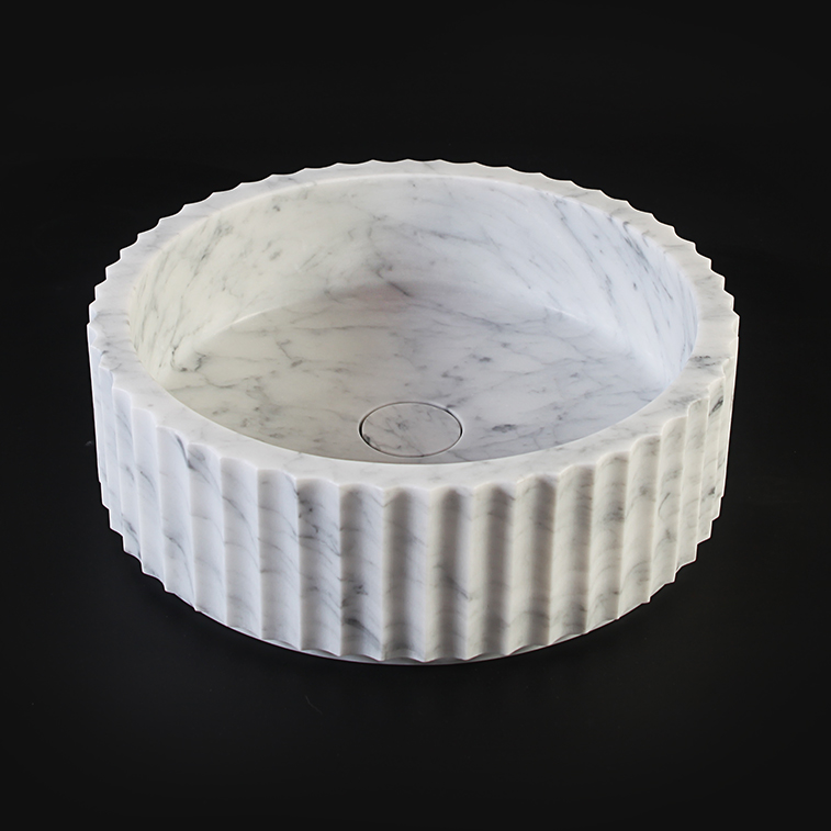 Fluted Carrara Marble Honed (All Surface) Cylindrical Stone Basin 1413