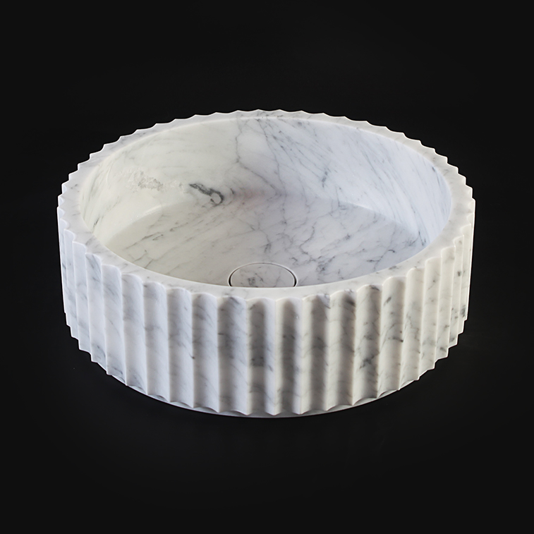 Fluted Carrara Marble Honed (All Surface) Cylindrical Stone Basin 1414