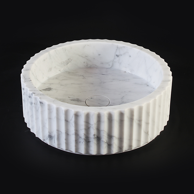 Fluted Carrara Marble Honed (All Surface) Cylindrical Stone Basin 1415