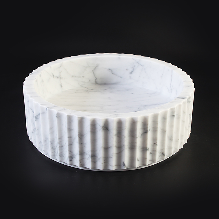 Fluted Carrara Marble Honed (All Surface) Cylindrical Stone Basin 1416