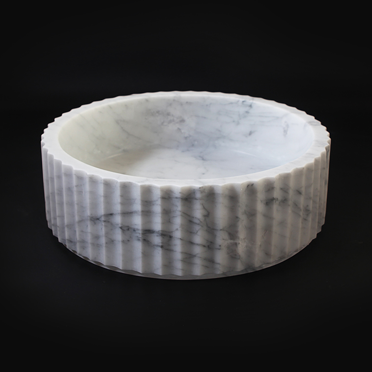 Fluted Carrara Marble Honed (All Surface) Cylindrical Stone Basin 1418