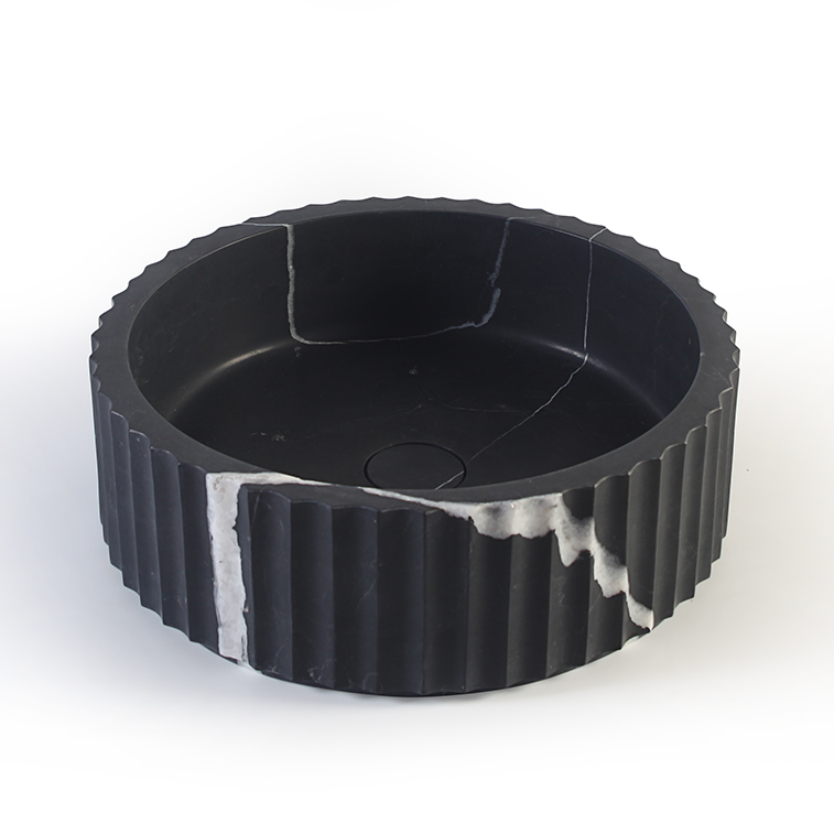 Fluted Nero Marquina Marble Honed Cylindrical Stone Basin 1408